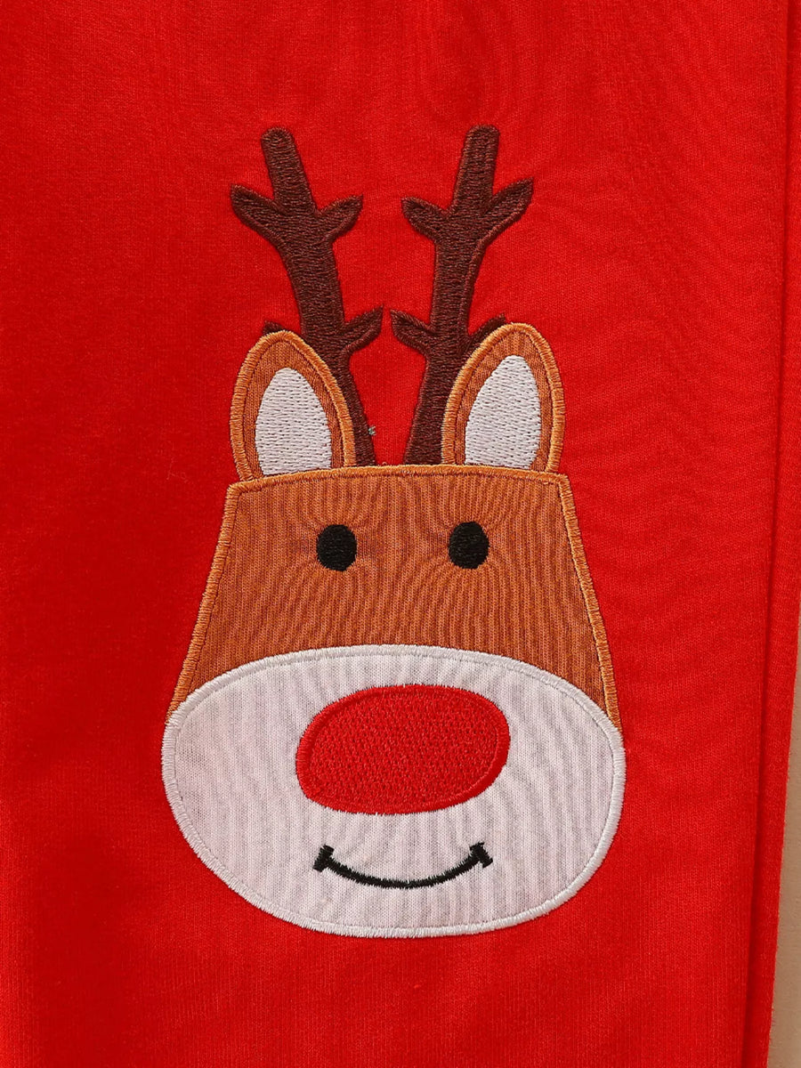 Red baby outfit with embroidered reindeer face and antlers detail