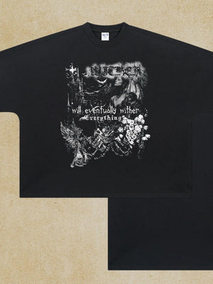Black oversized graphic tee with gothic print and text.