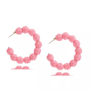 Pink raffia grass C-hoop earrings with gold post detail