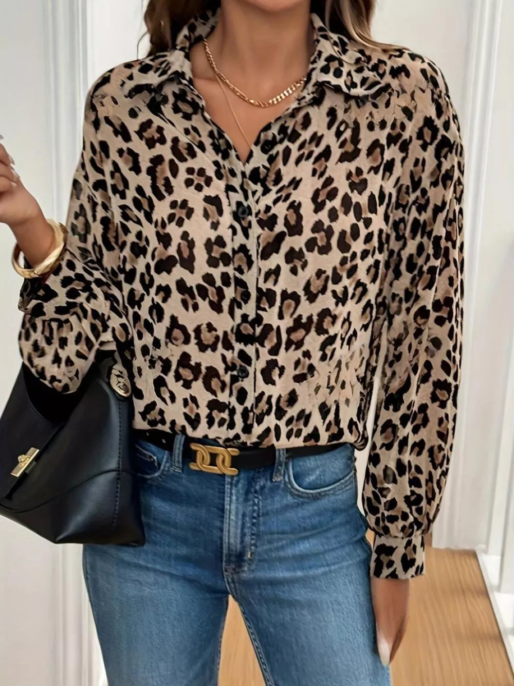 tan button-down shirt with leopard and collared