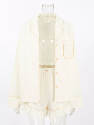 Contrast Trim Long Sleeve Top And Shorts Set in cream with buttoned