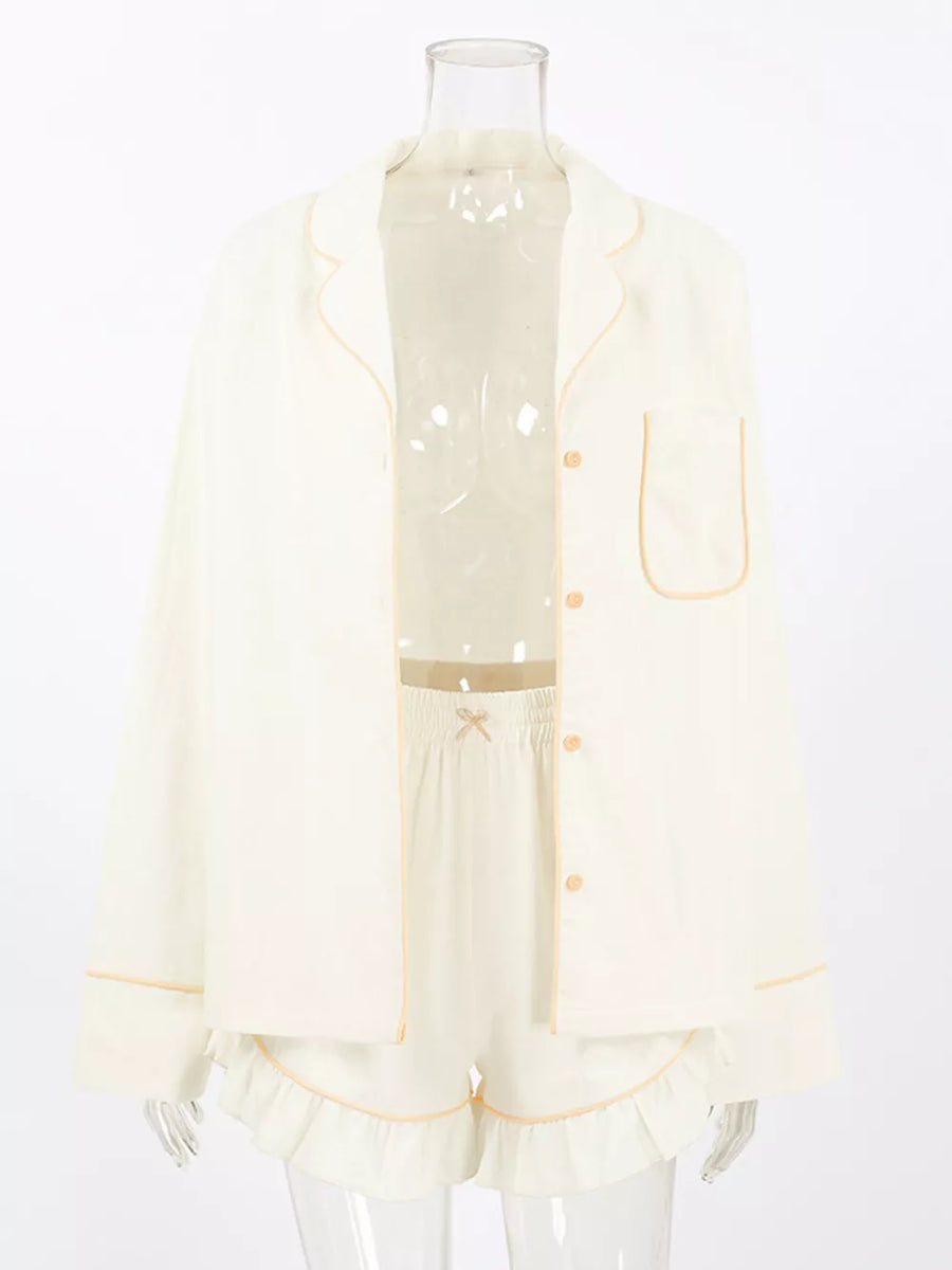 Contrast Trim Long Sleeve Top And Shorts Set in cream with buttoned