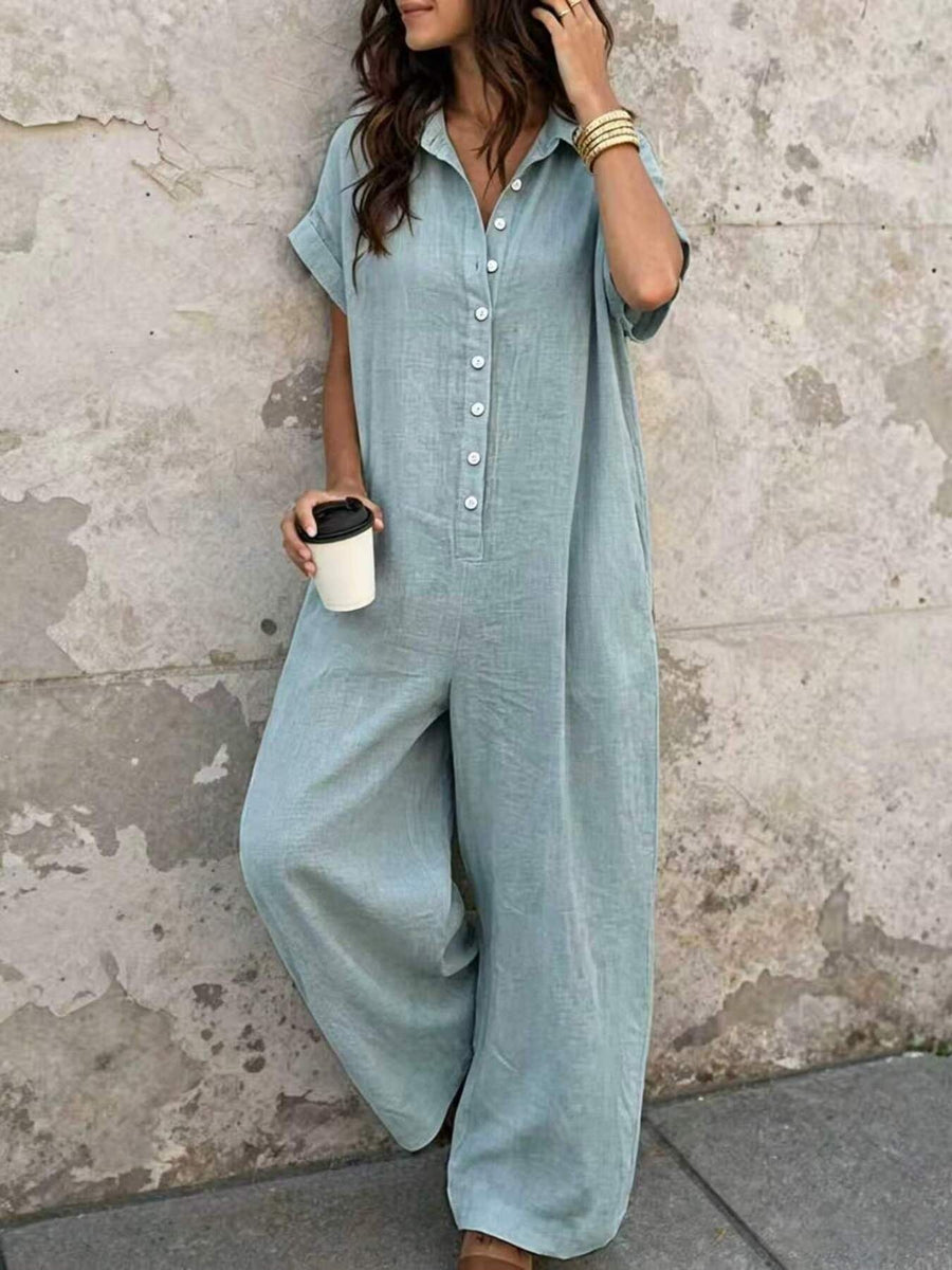 Button Front Short Sleeve Jumpsuit in Burgundy with collared