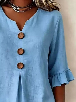 Yellow Casual Ruffle-sleeve Decor-button Top Plus Size