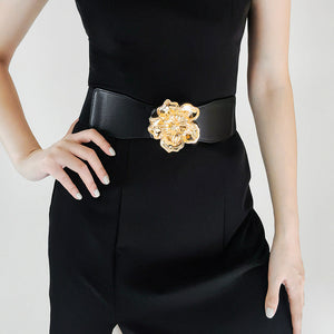 Black stretch waist cincher belt with ornate gold floral buckle