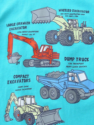 Toddler tee with construction vehicles: excavator, dump truck, and wheeled excavator.