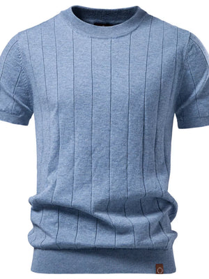 Light blue ribbed knit sweater with vertical seam details and crew neck.