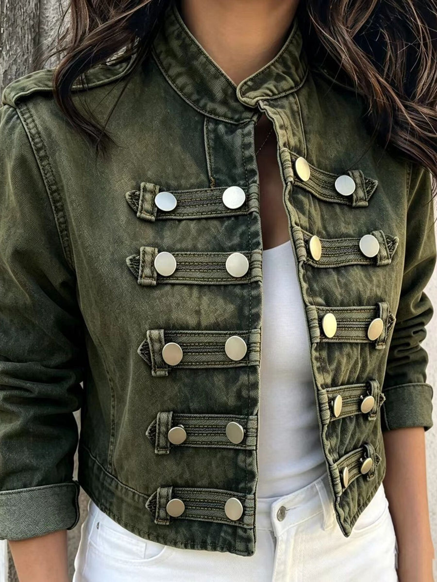 Vintage Open Front Denim Jacket in Dusty Blue with buttoned