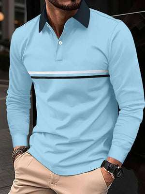 Pastel blue long sleeve polo with contrast collar and chest stripe detail