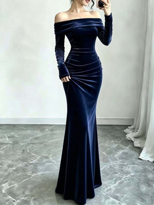 Off-Shoulder Velvet Mermaid Maxi Dress Plus Size in Purple