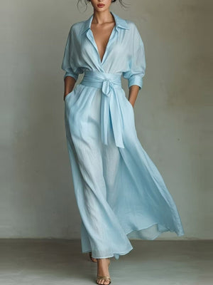 shirt dress in sky blue featuring tied and relaxed fit