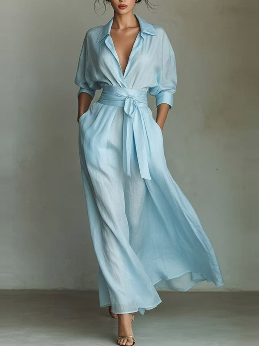 shirt dress in sky blue featuring tied and relaxed fit