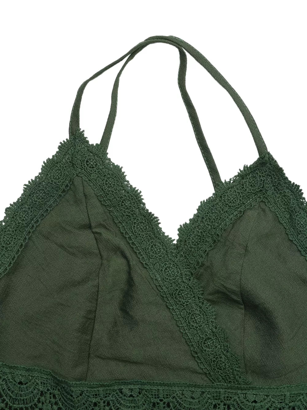 Green lace-embellished spaghetti strap maxi gown with V-neckline and cotton blend fabric.