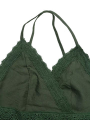 Green lace-embellished spaghetti strap maxi gown with V-neckline and cotton blend fabric.