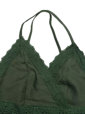 Green lace-embellished spaghetti strap maxi gown with V-neckline and cotton blend fabric.