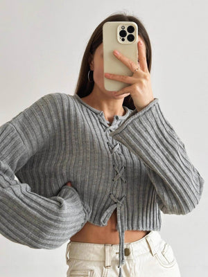 pullover sweater in Apricot with ribbed and lace-up