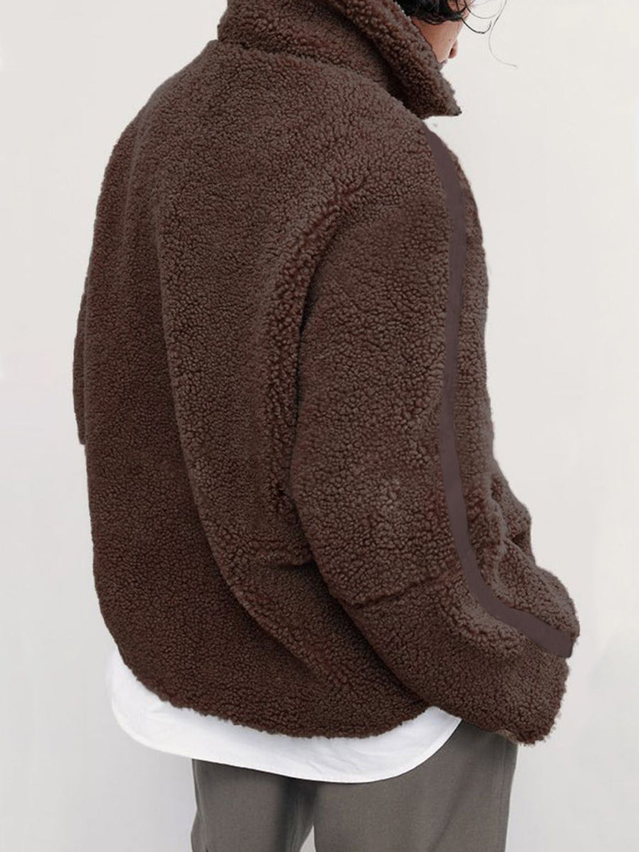 Dark Brown teddy fleece zip-up jacket with contrast piping detail on sleeve.