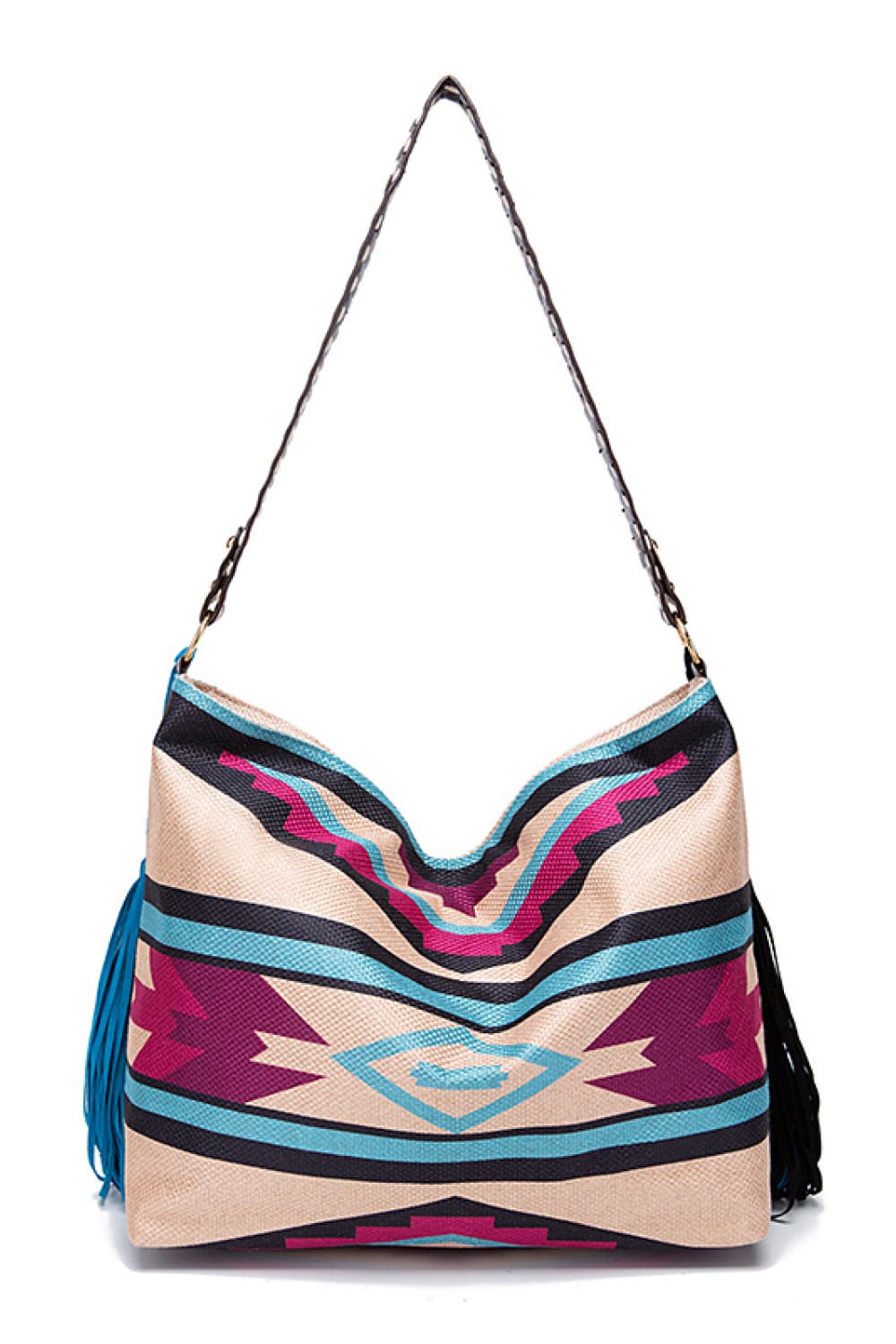 Southwestern hobo bag with multicolor geometric pattern and fringe details.