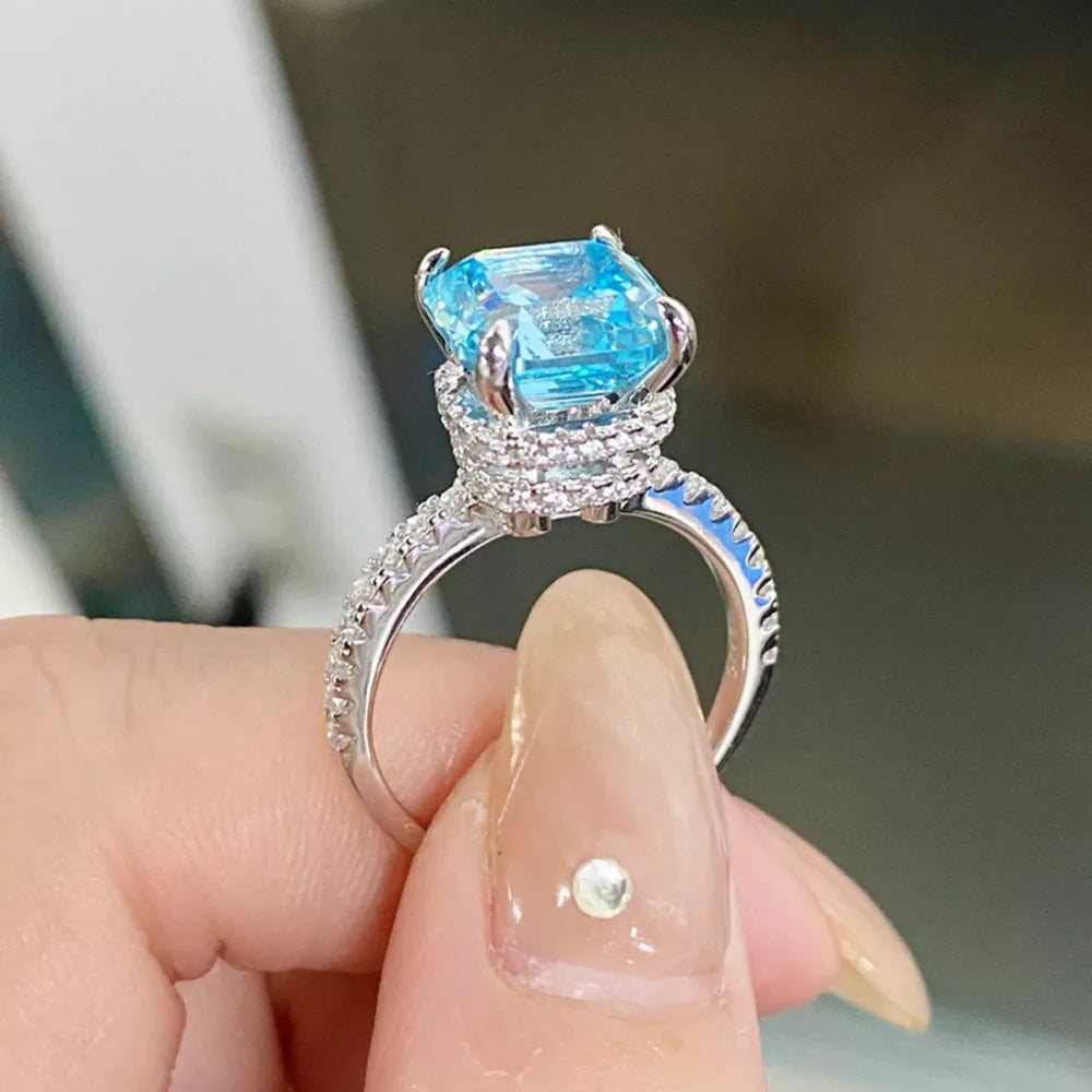 925 Sterling Silver Square Ring With Diamonds in aquamarine with square cut stone