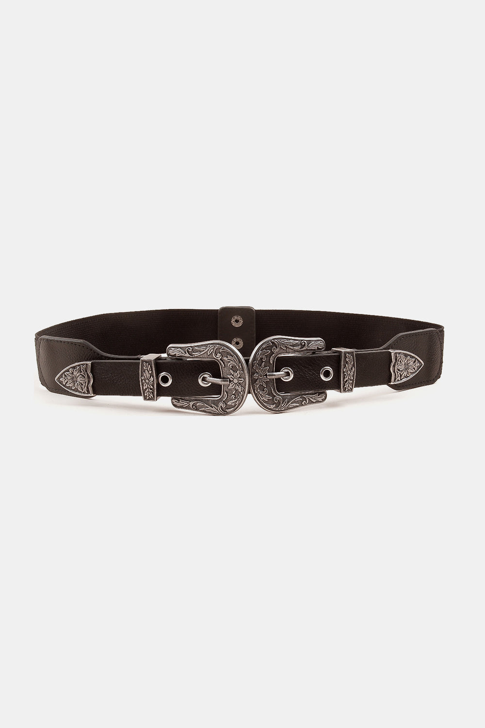 Black elastic belt with double western-inspired alloy buckles and ornate detailing.