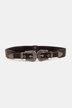 Black elastic belt with double western-inspired alloy buckles and ornate detailing.