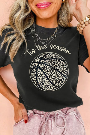 Black t-shirt with leopard print basketball graphic and text Tis the season