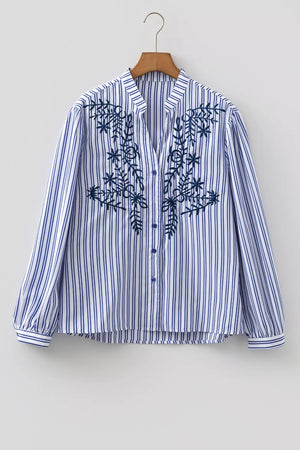 Stripe Embroidered Button Front Long Sleeve Shirt option 4