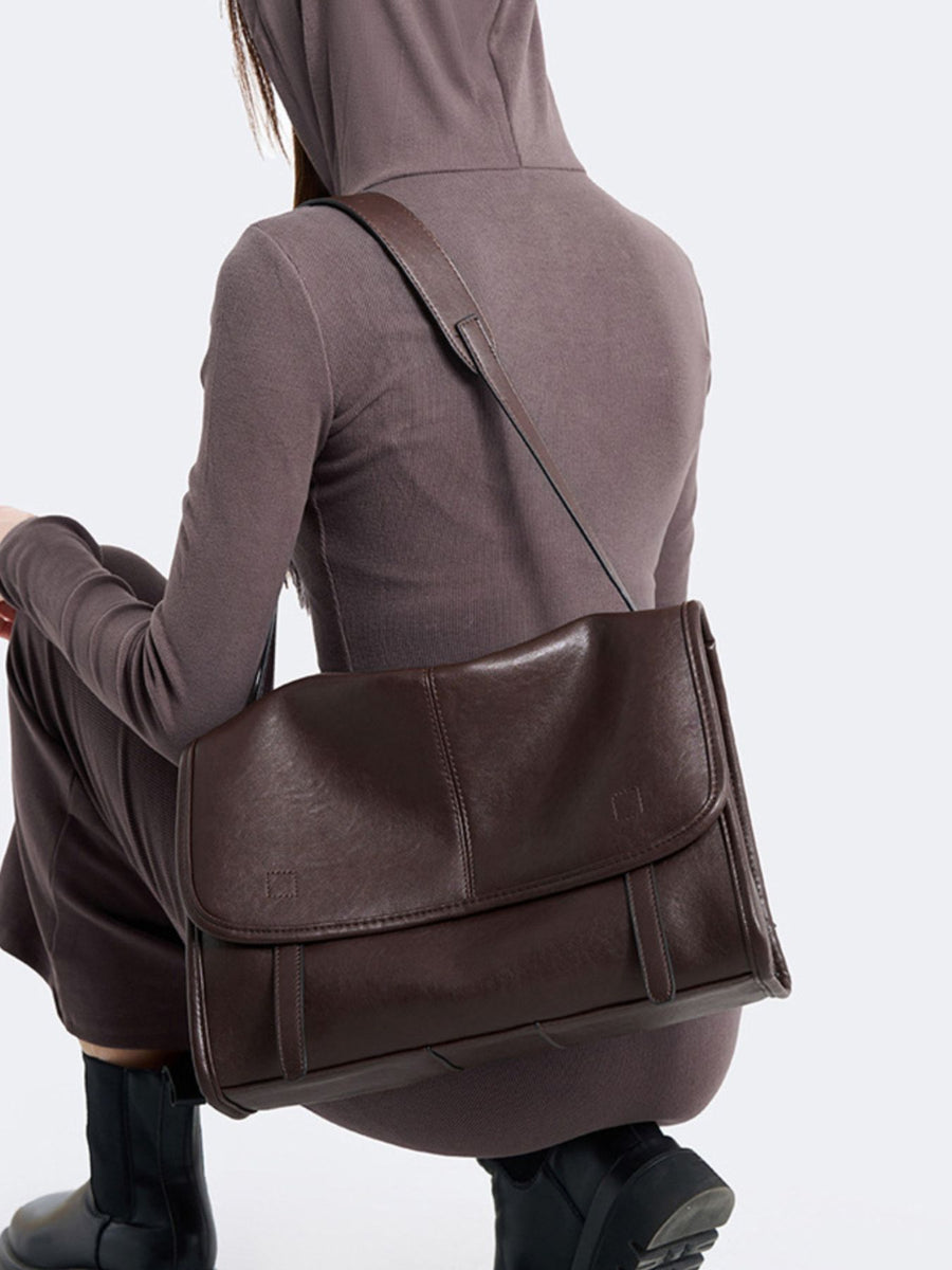 PU Leather Messenger Shoulder Bag in Brown with adjustable strap