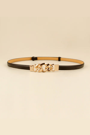 Black leather belt with gold chain link buckle detail