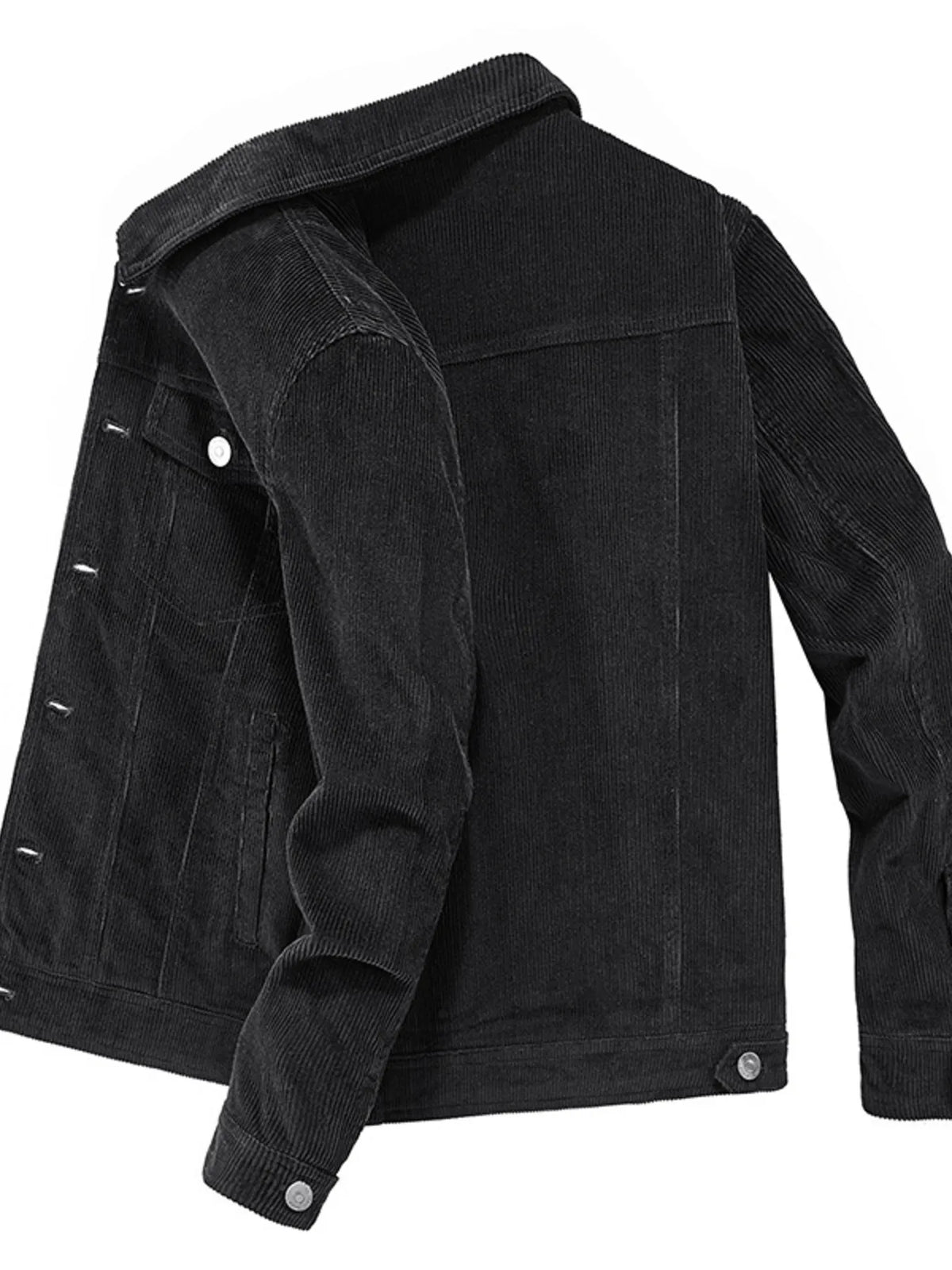 Black corduroy button-down jacket with classic collar and button closure.