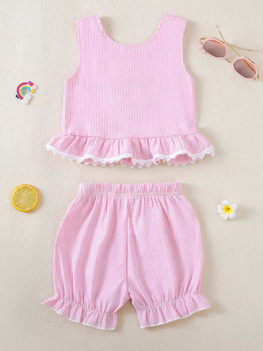Pink striped cotton tank top with lace trim and ruffled shorts baby outfit