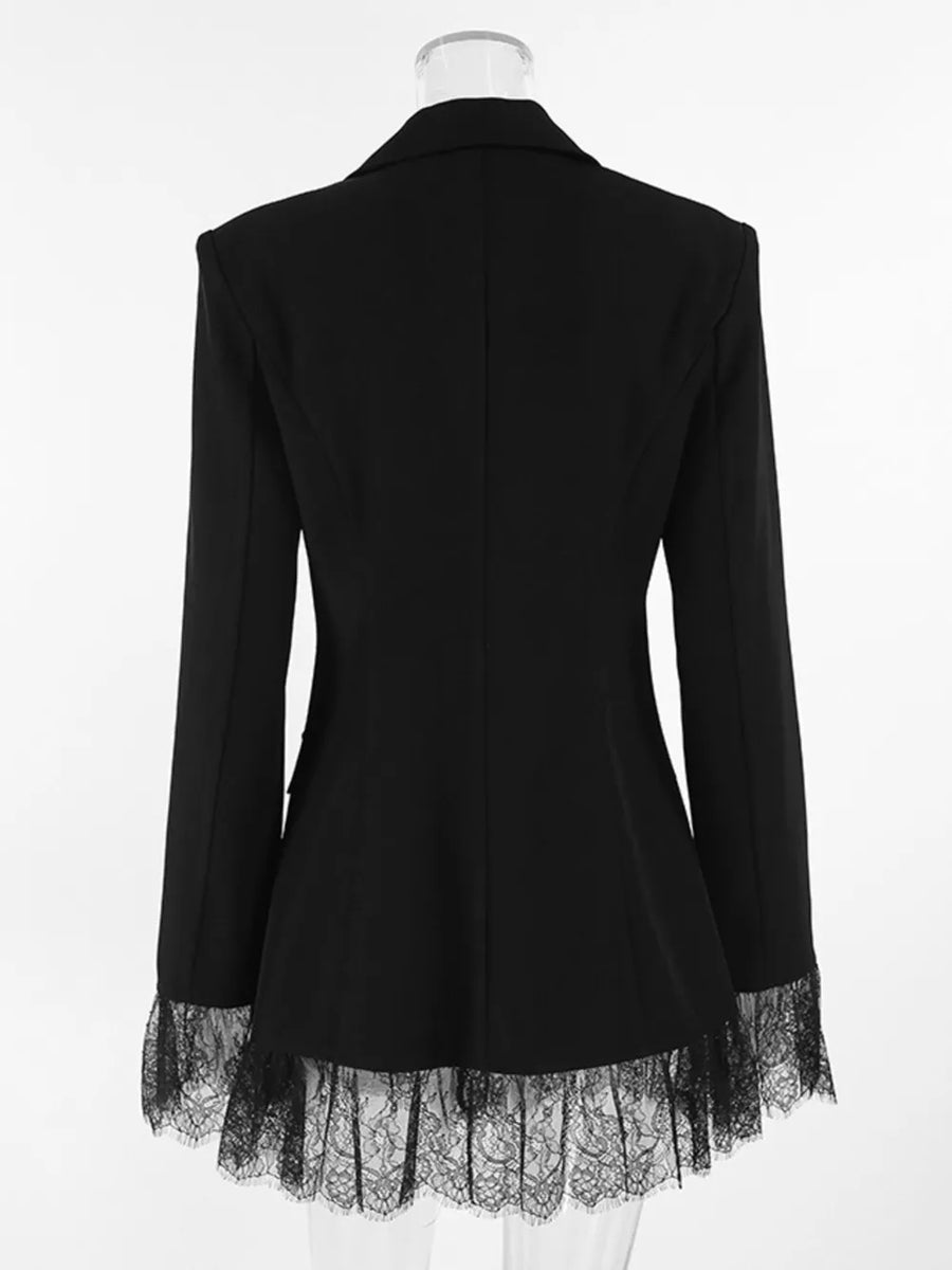 Lace Hem Lapel Collar Blazer in White with buttoned