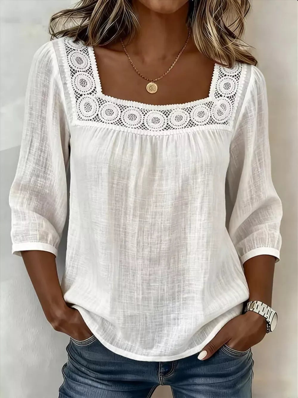 White crochet-trimmed square neck blouse with 3/4 sleeves