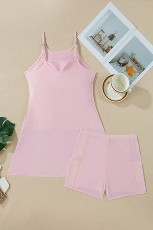 Solid Color Tunic Tank Dress Athletic Shorts Set option 4