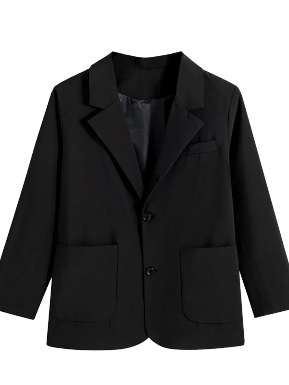 Black single-breasted blazer with notched lapels, two front pockets, and two buttons.