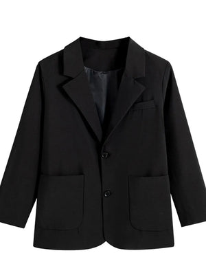 Black single-breasted blazer with notched lapels, two front pockets, and two buttons.