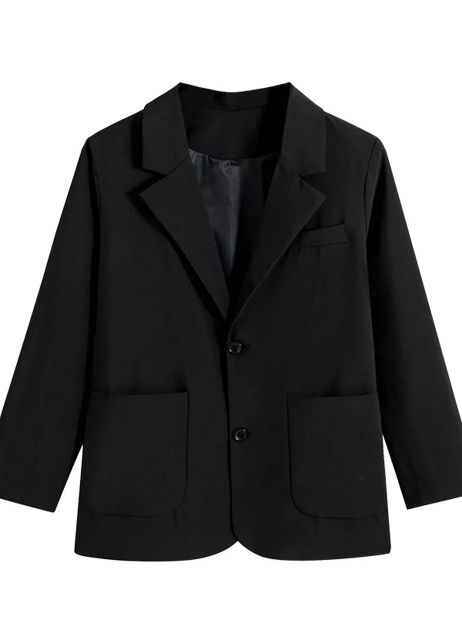 Black single-breasted blazer with notched lapels, two front pockets, and two buttons.