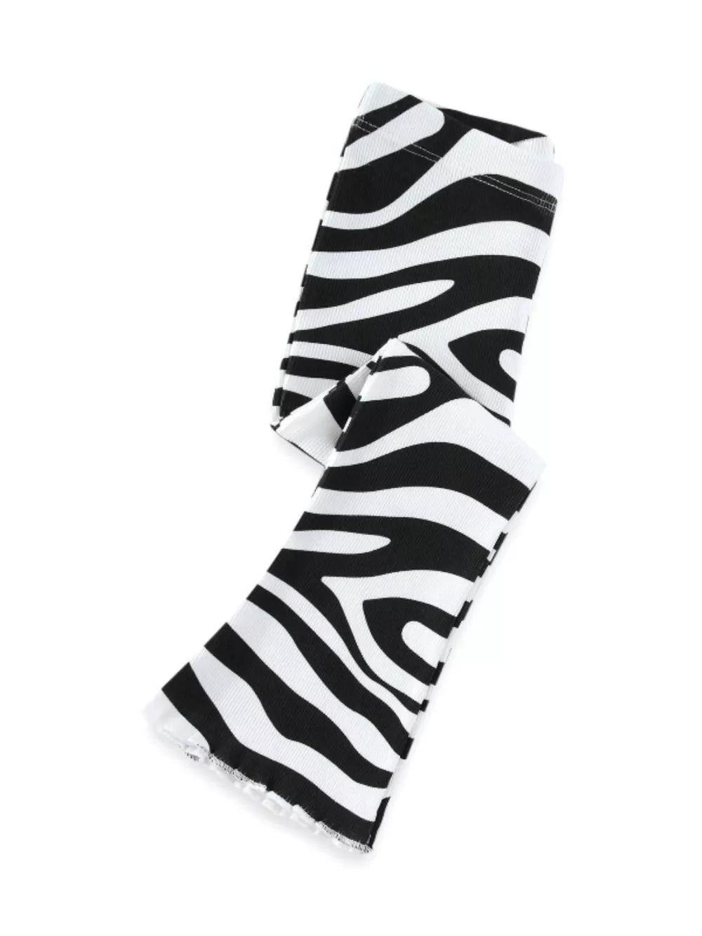 Baby zebra print flare pants with a black and white animal pattern and frayed hem.