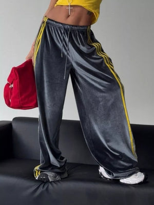 charcoal wide-leg pants with striped and not applicable