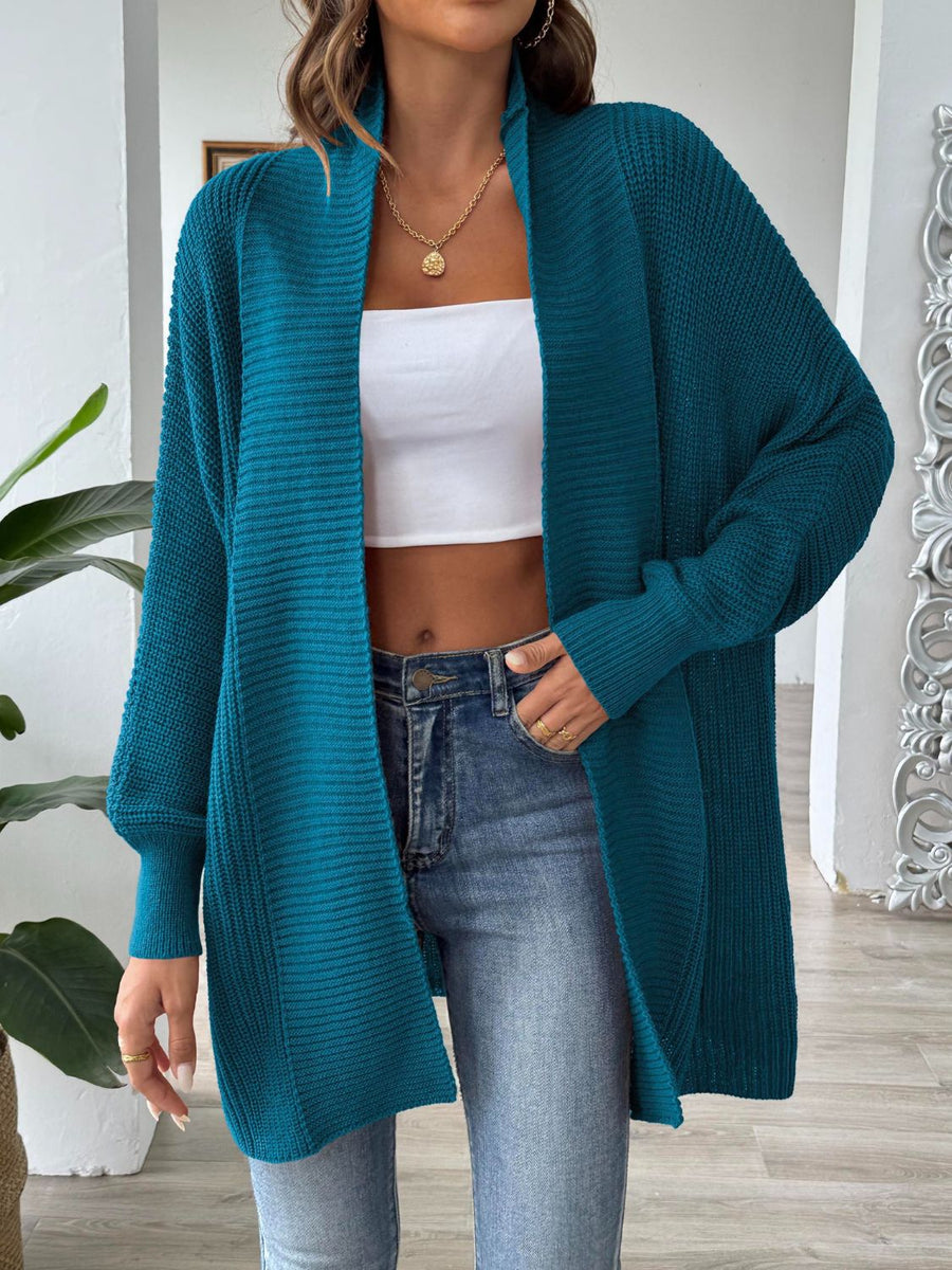 Deep Teal ribbed knit cocoon cardigan with open front and balloon sleeves.