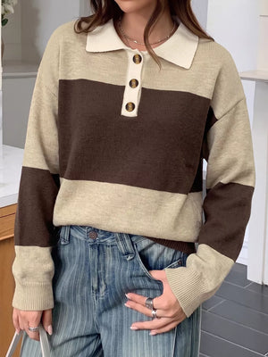 Color Block Polo Collar Sweater option 4