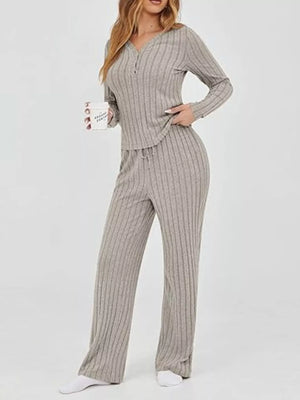 Khaki ribbed knit lounge set with drawstring pants and henley top.