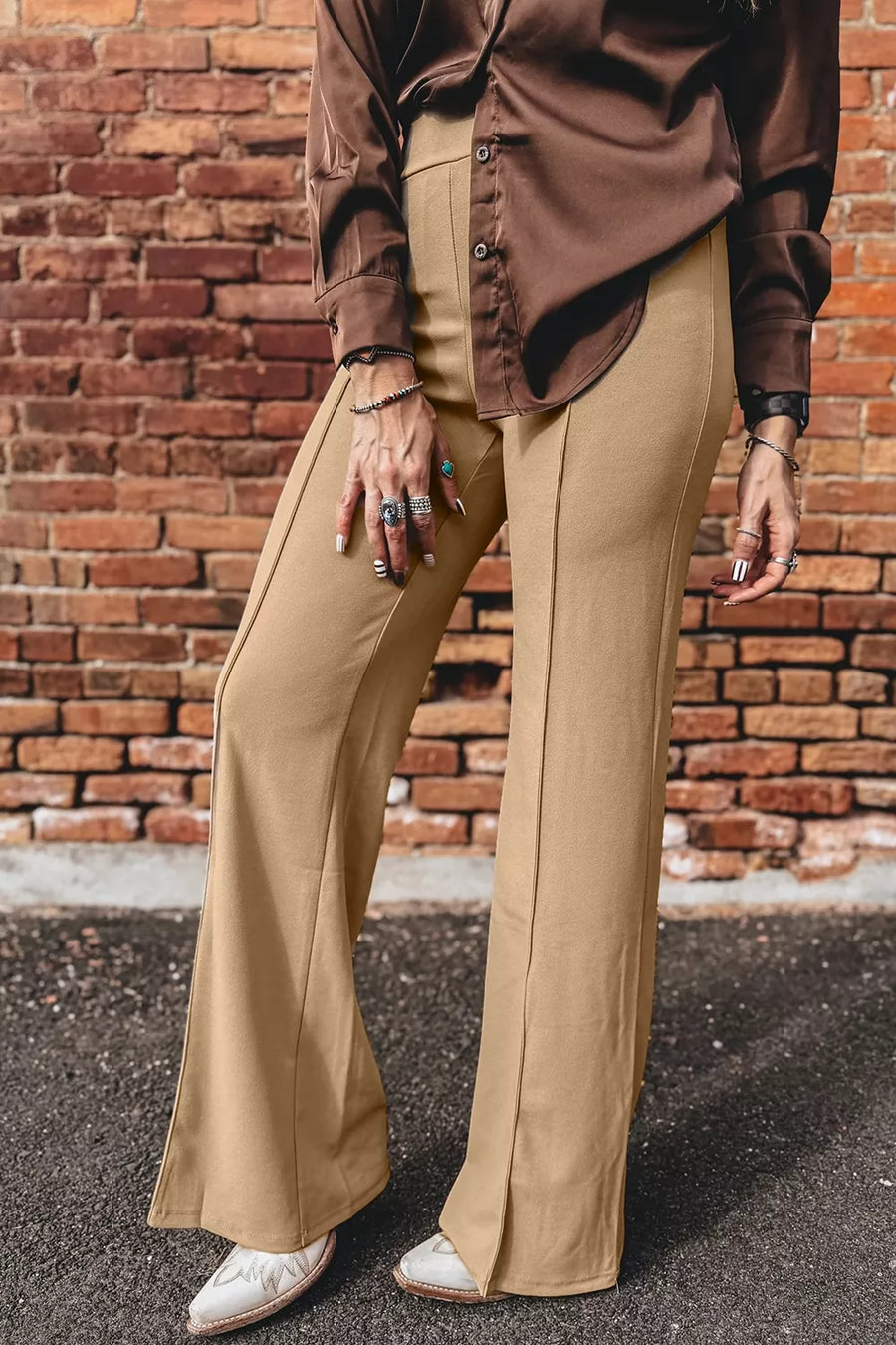 Tan with High Waist Full Length Regular Fit Pants in Tan