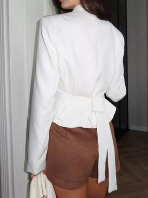 Burgundy blazer with hip-length and button-front
