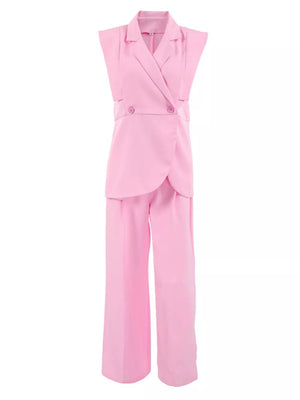 Pink fitted top, wide-leg bottom two-piece set with notch lapel
