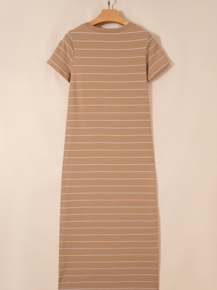 Maxi t-shirt dress in tan with white horizontal stripes, short sleeves, and crew neck.