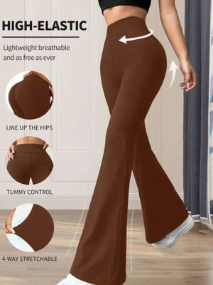 Premium high waist flare pants in caramel cotton, showing tummy control and 4-way stretch.