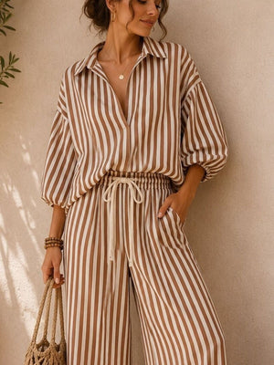 Black relaxed two-piece set with collared, v-neck