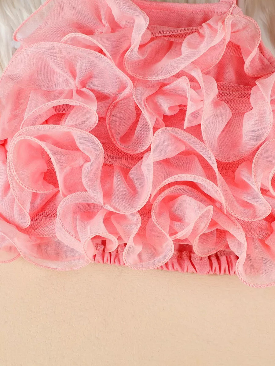 Pink baby cami with delicate ruffled tulle overlay and elastic hem