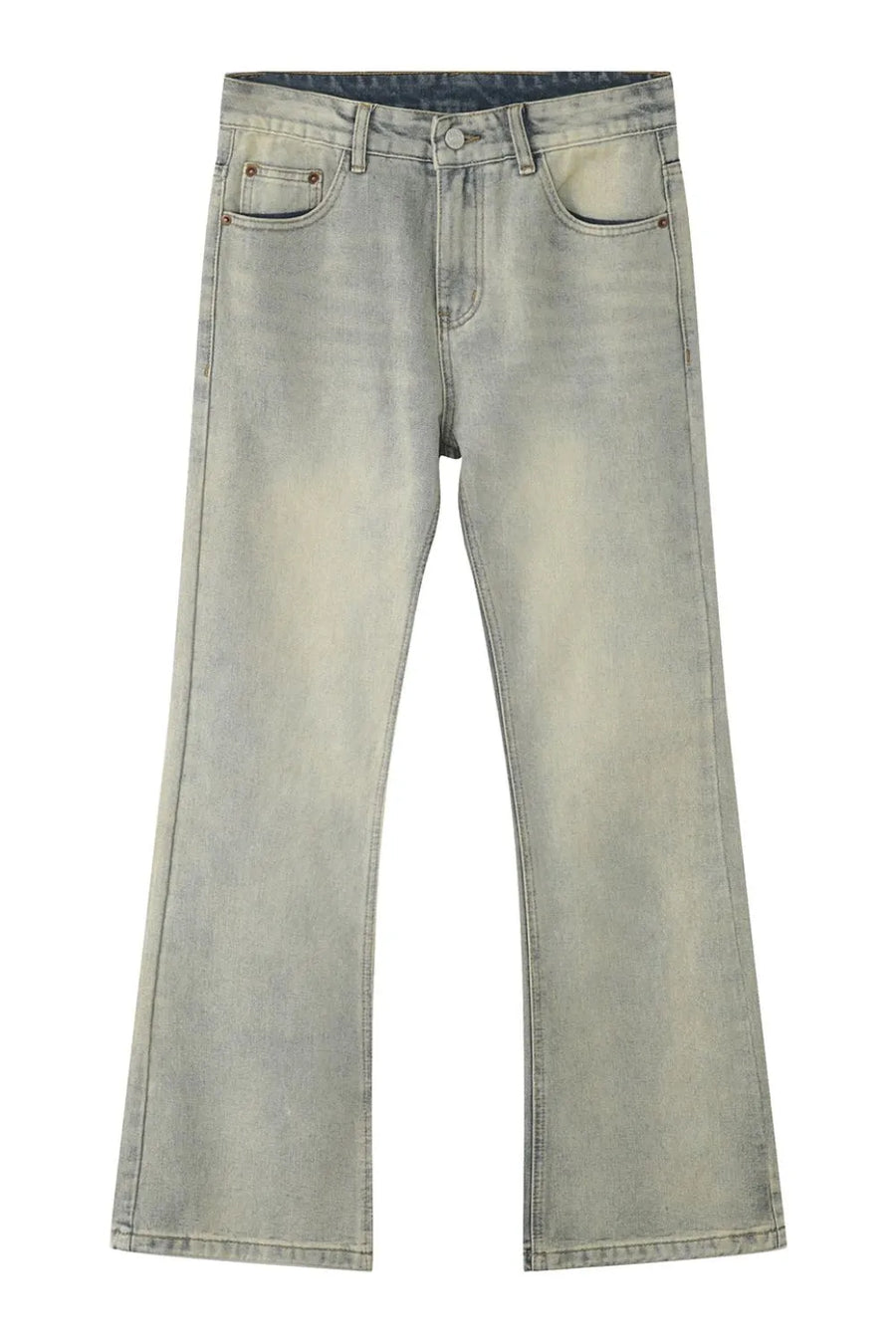Relaxed flare denim trousers in light blue wash with a subtle vintage fade.